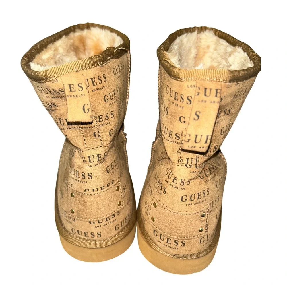Guess‎ Los Angeles Tan Logo Print Faux Fur Lined Winter Boots Womens 10M